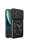 Tecno Spark 10 4G Uyumlu Kılıf Magnetik Standlı Kamera Korumalı Zore Sürgülü Vega Kapak Siyah