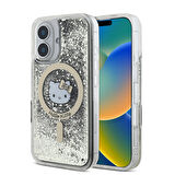 Apple iPhone 16 Uyumlu Kılıf Hello Kitty Orjinal Lisanslı Magsafe Şarj Özellikli IML Baskı Kitty Head Logolu Sıvılı Simli Altın Ateşi Kapak
