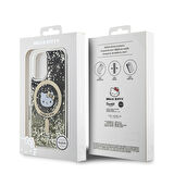 Apple iPhone 16 Uyumlu Kılıf Hello Kitty Orjinal Lisanslı Magsafe Şarj Özellikli IML Baskı Kitty Head Logolu Sıvılı Simli Altın Ateşi Kapak