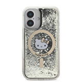Apple iPhone 16 Uyumlu Kılıf Hello Kitty Orjinal Lisanslı Magsafe Şarj Özellikli IML Baskı Kitty Head Logolu Sıvılı Simli Altın Ateşi Kapak