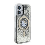 Apple iPhone 16 Uyumlu Kılıf Hello Kitty Orjinal Lisanslı Magsafe Şarj Özellikli IML Baskı Kitty Head Logolu Sıvılı Simli Altın Ateşi Kapak