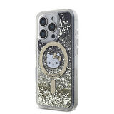 Apple iPhone 16 Pro Max Uyumlu Kılıf Hello Kitty Orjinal Lisanslı Magsafe Şarj Özellikli IML Baskı Kitty Head Logolu Sıvılı Simli Altın Ateşi Kapak