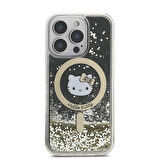 Apple iPhone 16 Pro Max Uyumlu Kılıf Hello Kitty Orjinal Lisanslı Magsafe Şarj Özellikli IML Baskı Kitty Head Logolu Sıvılı Simli Altın Ateşi Kapak