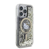 Apple iPhone 16 Pro Max Uyumlu Kılıf Hello Kitty Orjinal Lisanslı Magsafe Şarj Özellikli IML Baskı Kitty Head Logolu Sıvılı Simli Altın Ateşi Kapak