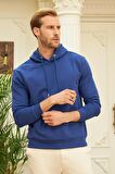 Erkek Kapüşonlu Comfort Fit Düz Sweatshirt Mavi