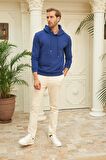 Erkek Kapüşonlu Comfort Fit Düz Sweatshirt Mavi