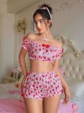 Fantezia Night Kadın Pembe Çilek Desenli Fantezi Şort takım 2156