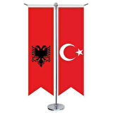 Arnavutluk Bayrağı -çift Başlı Kartal Ve Türkiye -saten T Direk 2li Masa Bayrağı