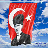 70x105 Cm Raşel Kumaş T,c, Kalpaklı Atatürk Fotoğraflı Türkiye Bayrağı - Bayrak