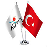 Türkiye - Turkey Logolu İkili Saten Masa Bayrağı