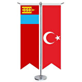 Moğolistan Bayrağı Ve Türkiye - Kırlangıç - Saten T Direk 2li Masa Bayrağı