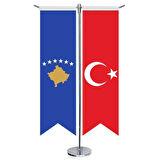 Kosova Cumhuriyeti Bayrağı Ve Türkiye - Kırlangıç - Saten T Direk 2li Masa Bayrağı
