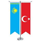Kazakistan Cumhuriyeti Bayrağı Ve Türkiye -kırlangıç -saten T Direk 2li Masa Bayrağı