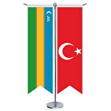 Karakalpakistan Cumhuriyeti Bayrağı Ve Türkiye - Kırlangıç - Saten T Direk 2li Masa Bayrağı