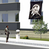 Altın İmzalı Mustafa Kemal Atatürk Dik Bakış Portre Bayrak Dış Cephe Poster Ata42