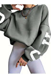 Kadın Füme Kolları Chicago Baskılı Oversize Bisiklet Yaka Sweatshirt