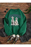 Kadın Nefti Yeşili Dalmatian Dog Baskılı Bisiklet Yaka Sweatshirt