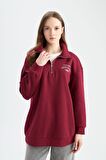 Regular Fit Fermuarlı Dik Yaka Baskılı İçi Yumuşak Tüylü Kalın Kumaş Sweatshirt Tunik