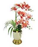 Yapay Çiçek 3lü Somon Orkide Metal Krem Gold Saksıda Orkide 60cm