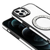 iPhone 12 Kılıf Pırlanta Taş Tasarımlı M-safe Şarj Özellikli Karetta Silikon Kapak