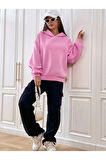 Kadın Pembe Urban Lifestyle Baskılı Oversize Kapüşonlu Sweatshirt