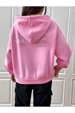 Kadın Pembe Urban Lifestyle Baskılı Oversize Kapüşonlu Sweatshirt