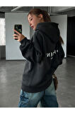 Kadın Siyah Present Baskılı Oversize Kapüşonlu Sweatshirt