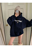 Kadın Lacivert Retromoment Baskılı Oversize Kapüşonlu Sweatshirt