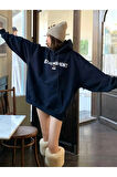 Kadın Lacivert Retromoment Baskılı Oversize Kapüşonlu Sweatshirt