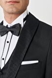 Erkek Siyah Ekstra Slim Fit Dar Kesim Kırlangıç Yaka Desenli Yelekli Smokin Takım