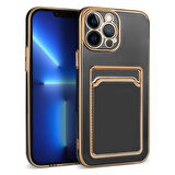 iPhone 12 Pro Max Kılıf Kartlıklı Kamera Korumalı Altın Kenar Tasarım Silikon