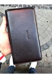 Unisex Kahverengi Hakiki Deri Telefon Bölmeli Cüzdan