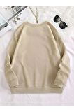 Unisex Bej Panda Baskılı Oversize Bisiklet Yaka Sweatshirt
