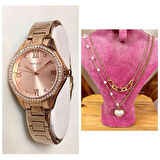 Ferrucci RoseGold Modern Kasa Şık Çelik Kadın Kol Saat+%100 Çelik Kolye Hediye
