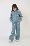 Kız Çocuk Çiçek Nakışlı Kot Takım – %100 Pamuk Denim Ceket ve Pantolon – Günlük Rahat Jean Kombin