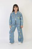 Kız Çocuk Çiçek Nakışlı Kot Takım – %100 Pamuk Denim Ceket ve Pantolon – Günlük Rahat Jean Kombin