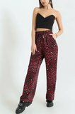 Bordo Leopar Desen Beli Lastikli cepli Bol paça Saten Pantolon