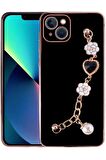 Apple iPhone 14 Plus Kılıf Kalpli Çiçekli Bileklik Zincirli Kamera Korumalı Kenarları Gold Renk, Silikon