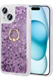 Apple iPhone 15 Kılıf Sıvılı Simli Pullu Yüzüklü Standlı Lüx Silikon