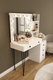 DF02121 LED Işıklı Aynalı Makyaj Masası Raflı Çekmeceli Beyaz Hollywood Model Makyaj Organizer