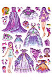 Sticker Kabartmalı Stiker Çıkartma Etiket (LAA605)-14x18 cm- Mor Kız Prenses Giydirme