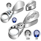 Full Çelik Led Işıklı Profesyonel Büyüteç-40x25 Lup Işıklı Kuyumcu Saatci Katlanır Büyüteç Kutulu
