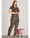 Lady Leopar Desenli Pijama Düğmeli Üst Kısa Kollu Pijama Takımı 12482