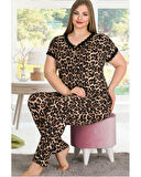 Lady Leopar Desenli Pijama Düğmeli Üst Kısa Kollu Pijama Takımı 12482