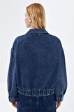 Koyu Mavi Cep Detaylı Denim Bomber Ceket