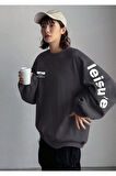 Kadın Füme Retro Sırt ve Kolları Baskılı Oversize Bisiklet Yaka Reglan Kol Sweatshirt