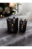 Şehir Evleri Desenli Mumluk Seti Alev Efektli Led Mum Hediye! Siyah
