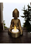Alev Efektli Titreyen Led Mumlu Budha Modern Dekoratif Mumluk Şamdan Bronz
