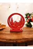 Led Mumlu Yılbaşı Köyü Süsü Noel Çam Ağacı Dekoratif Obje Kırmızı