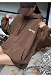 Kadın Kahverengi Inmodern Baskılı Oversize Kapüşonlu Sweatshirt Hoodie